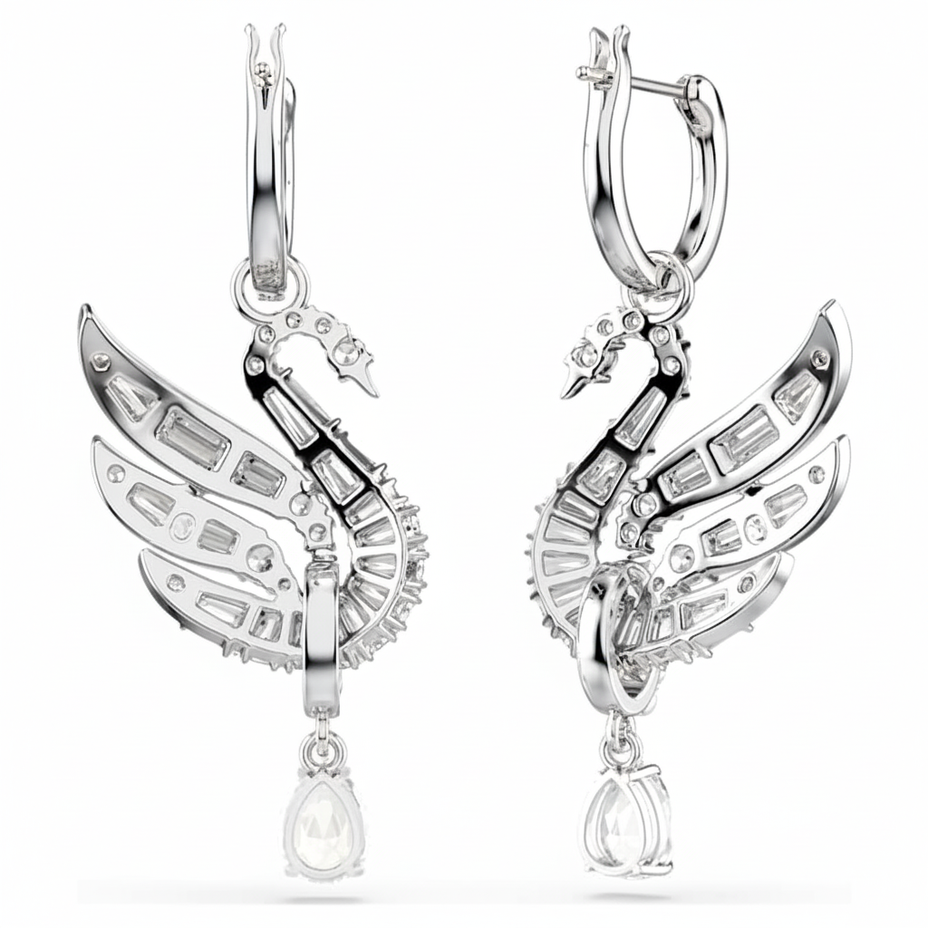 Swarovski Swan earrings in white with rhodium plating, featuring elegant bird-shaped design and sparkling crystal accents.