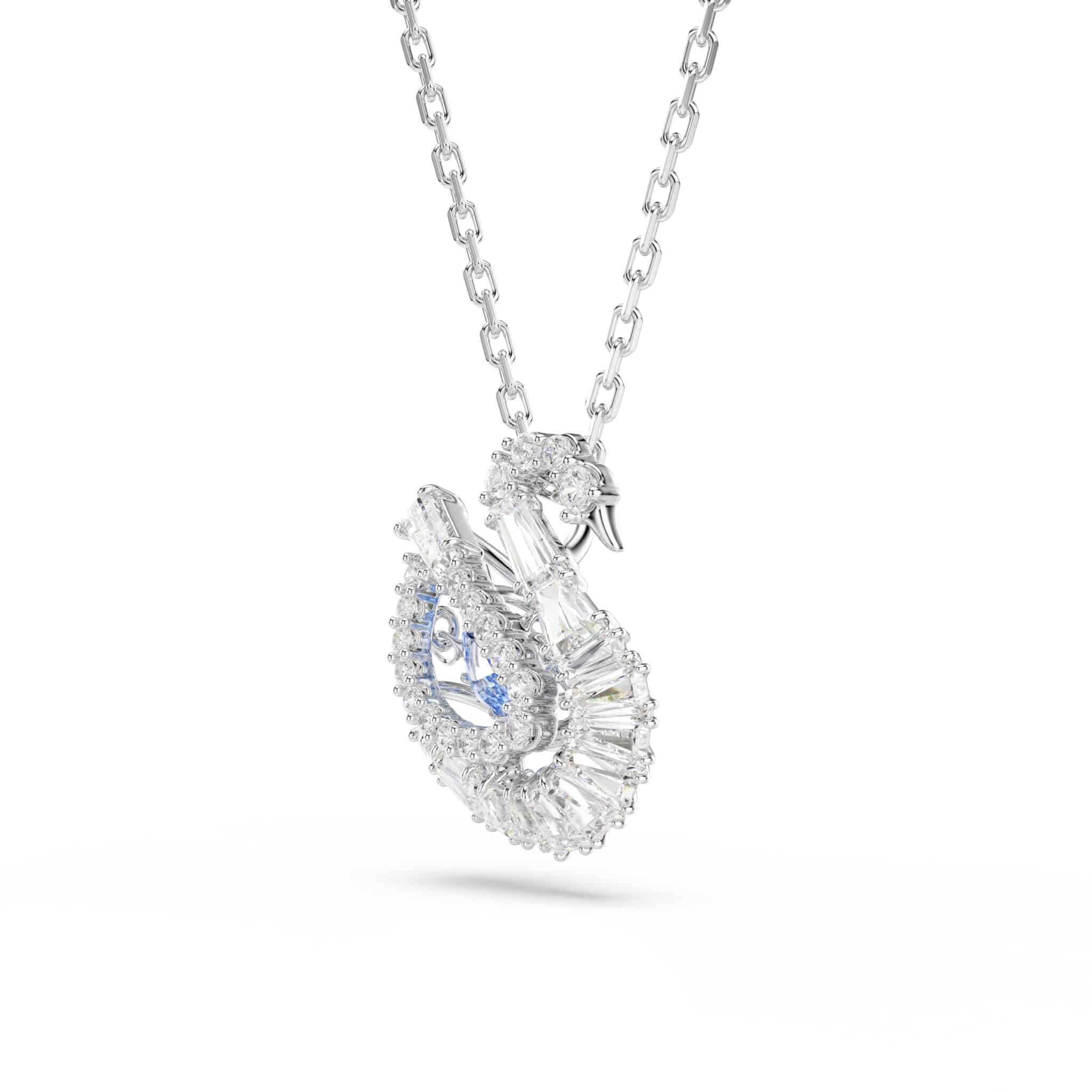 Swarovski Swan Pendant with mixed blue crystal cuts, elegant swan design hanging from a chain.