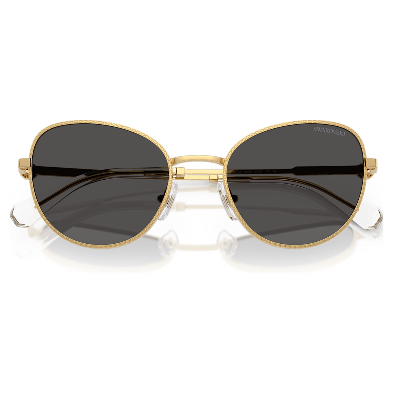 Swarovski cat-eye sunglasses with gray frames and tinted lenses, stylish and elegant eyewear for women.