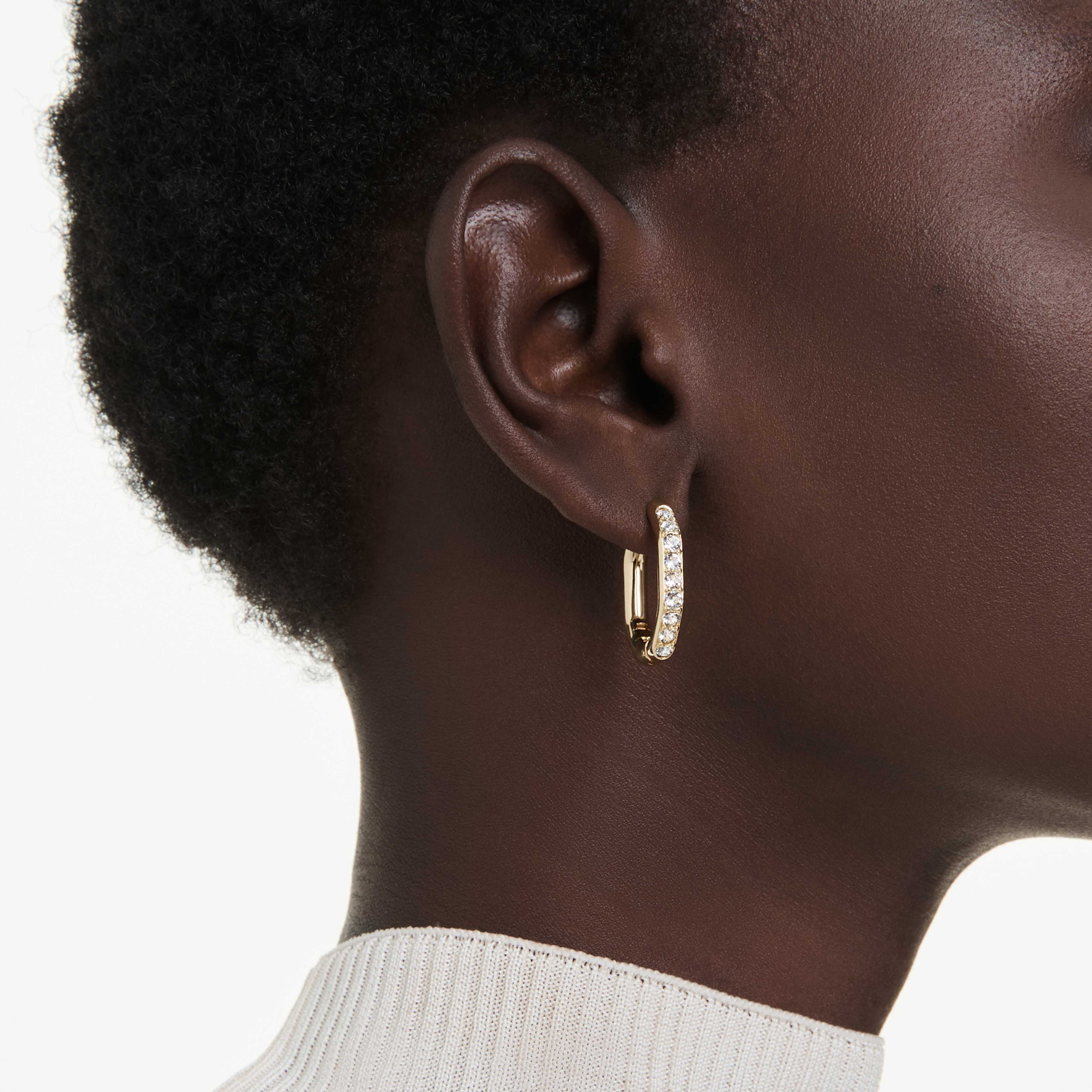 Swarovski Dextera hoop earrings with octagon shape, round cut white crystals, rhodium plated for a sleek, elegant look