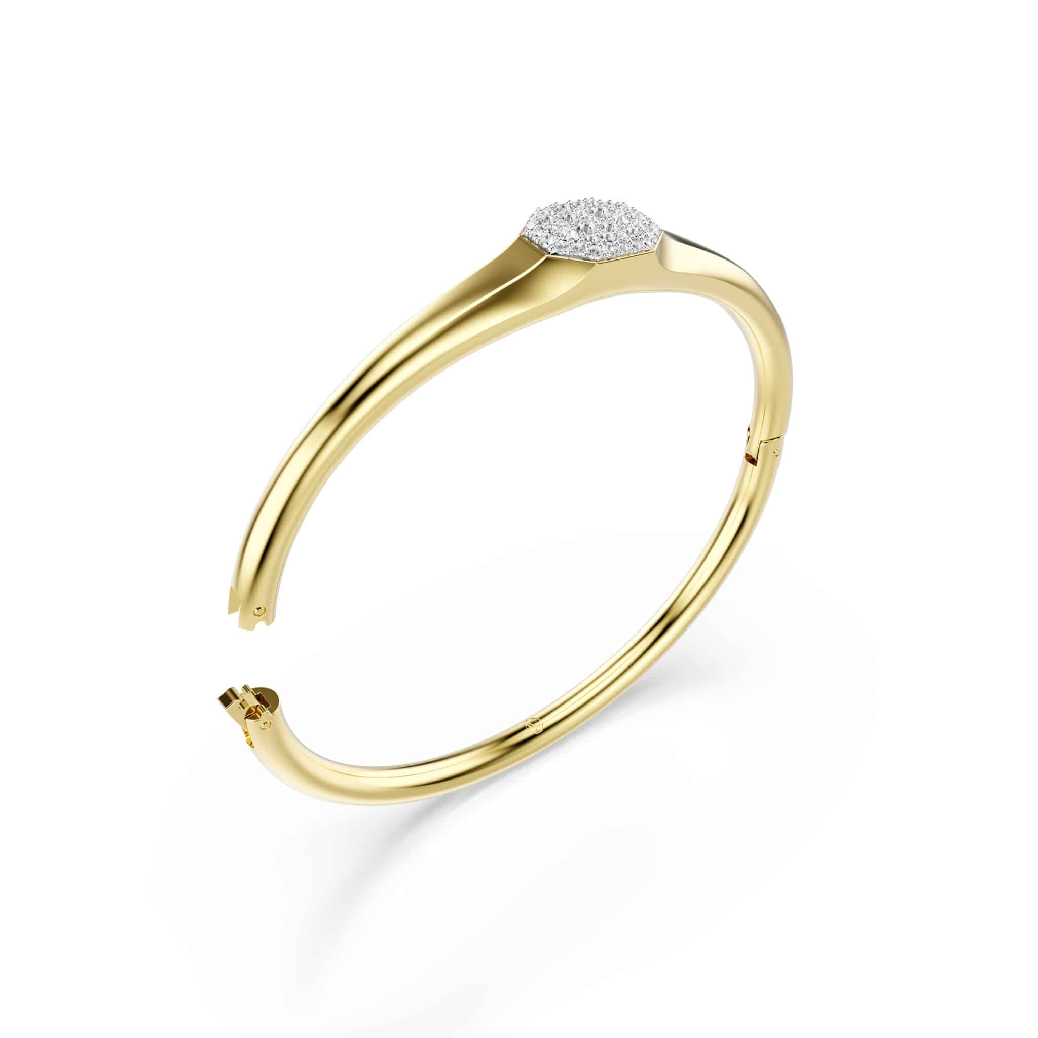 Swarovski Dextera bangle with round-cut white crystals and gold-tone plated finish, stylish jewelry accessory.