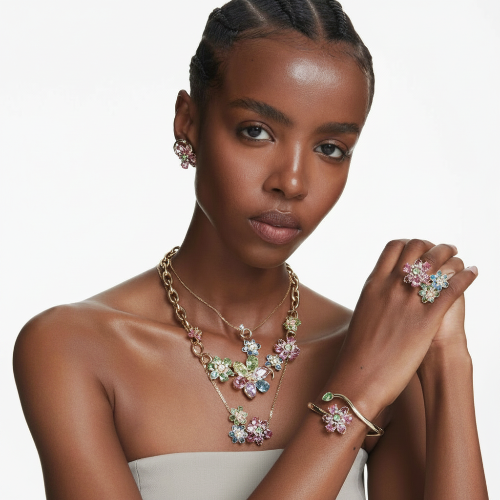 Swarovski Idyllia bangle featuring sparkling crystal accents and a sleek silver-tone design on a white background.