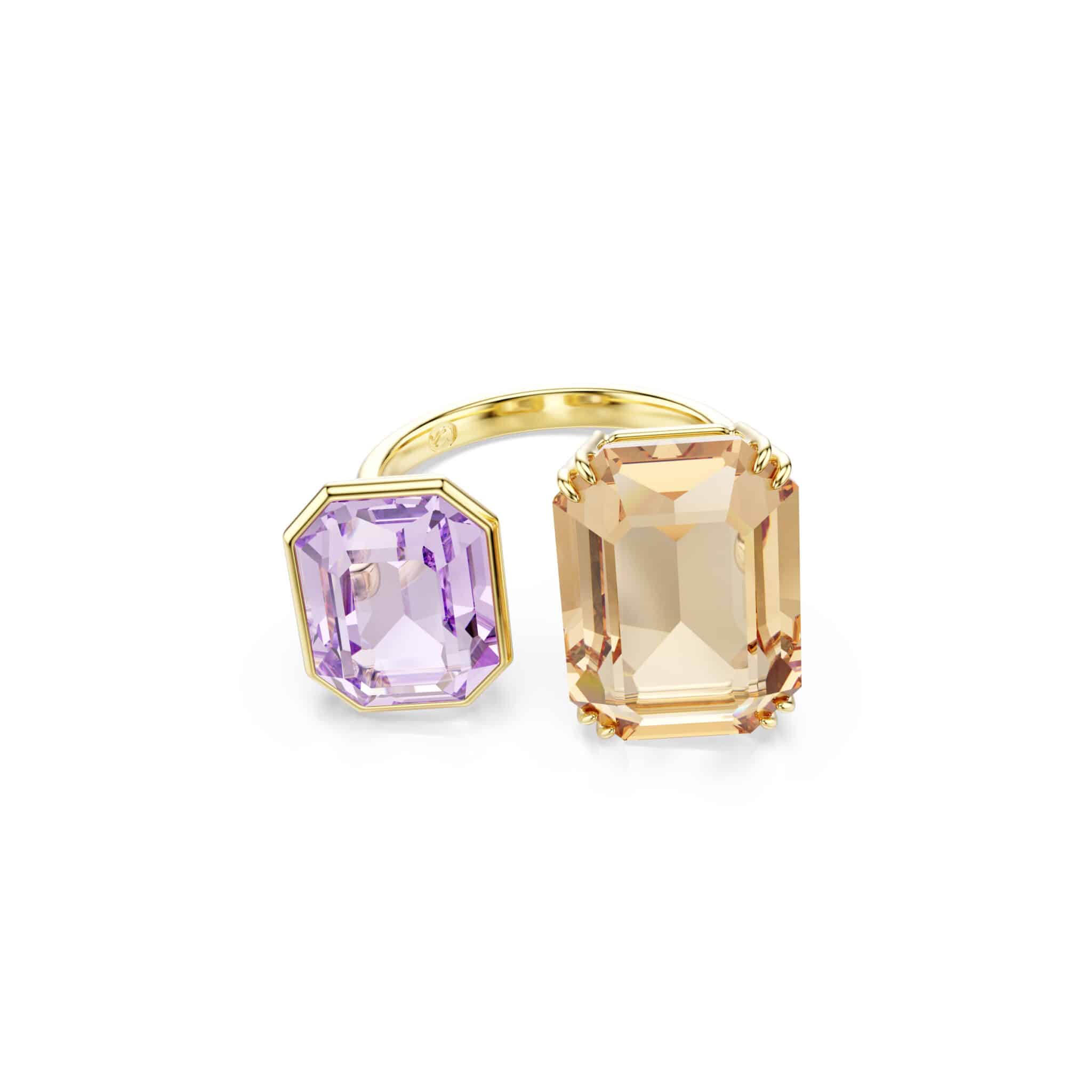 Swarovski Millenia open ring with octagon cut, multicolored stones, gold-tone plated, showcasing elegant jewelry design.