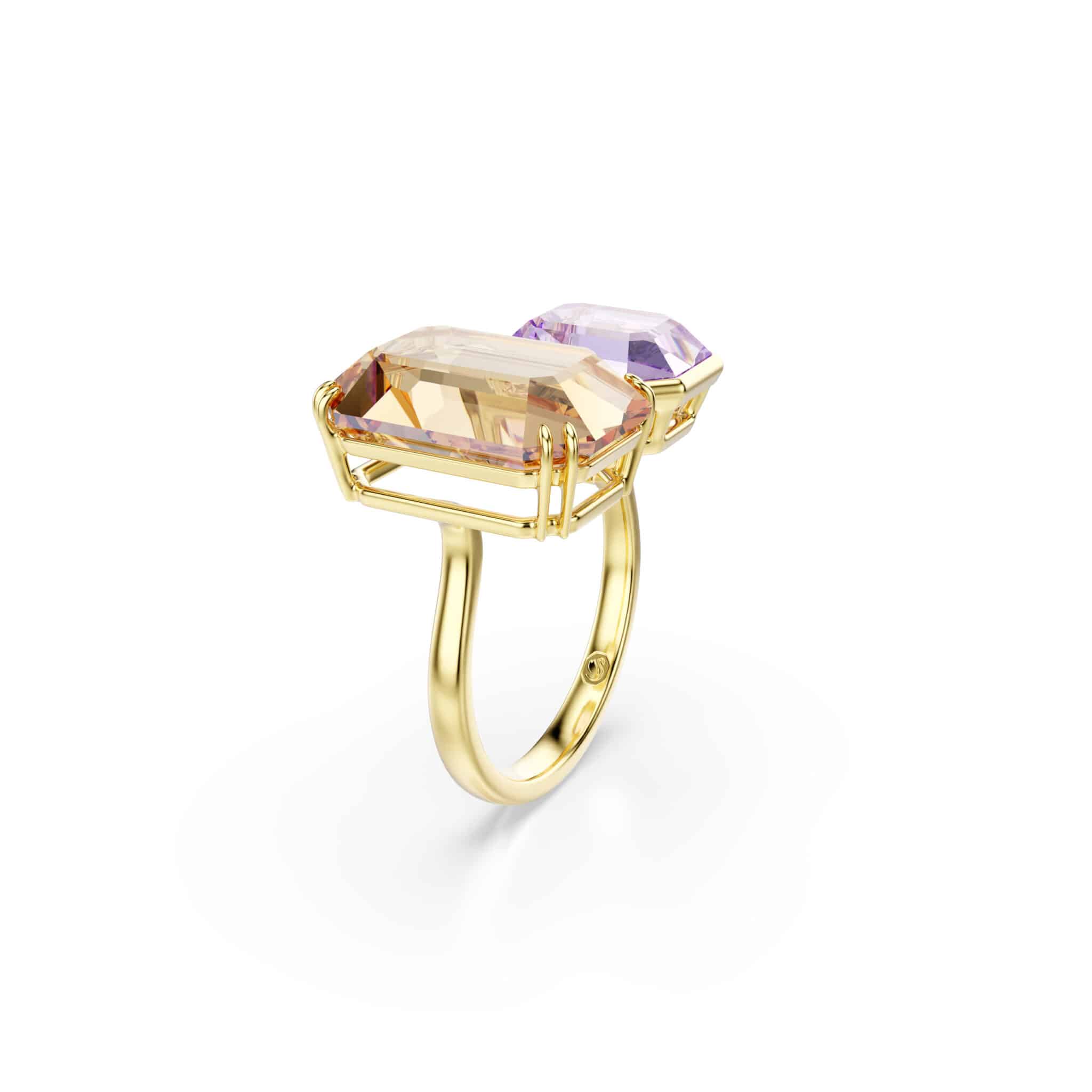 Swarovski Millenia open ring with octagon cut multicolored stones and gold-tone plating, showcasing elegant jewelry design.