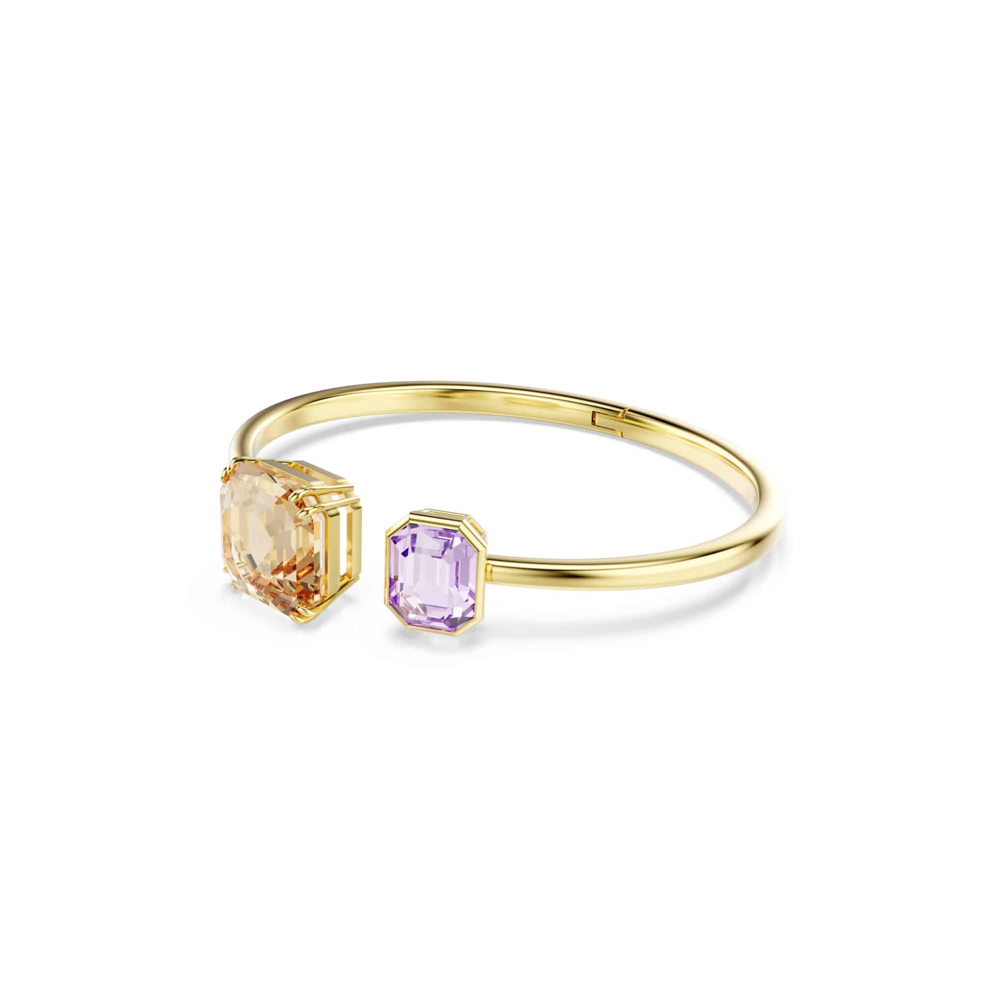 Swarovski Millenia bangle with multicolored octagon cut crystals in gold-tone plated metal, stylish jewelry accessory.