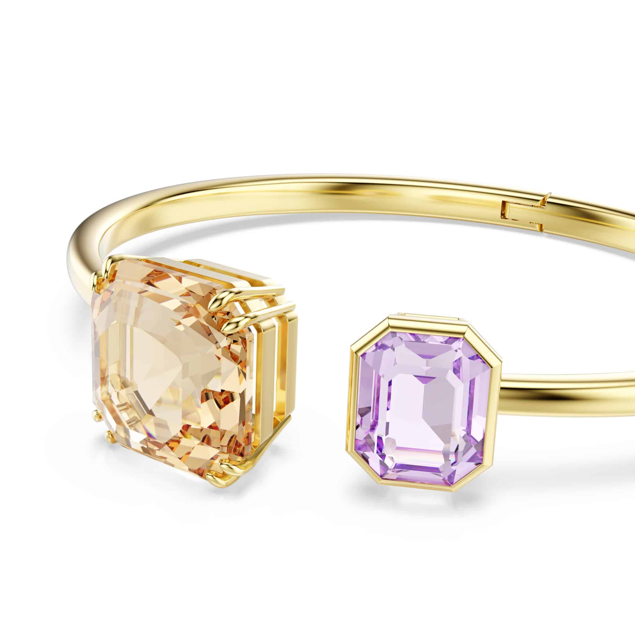 Swarovski Millenia bangle with multicolored octagon cut crystals and gold-tone plating, stylish jewelry accessory.