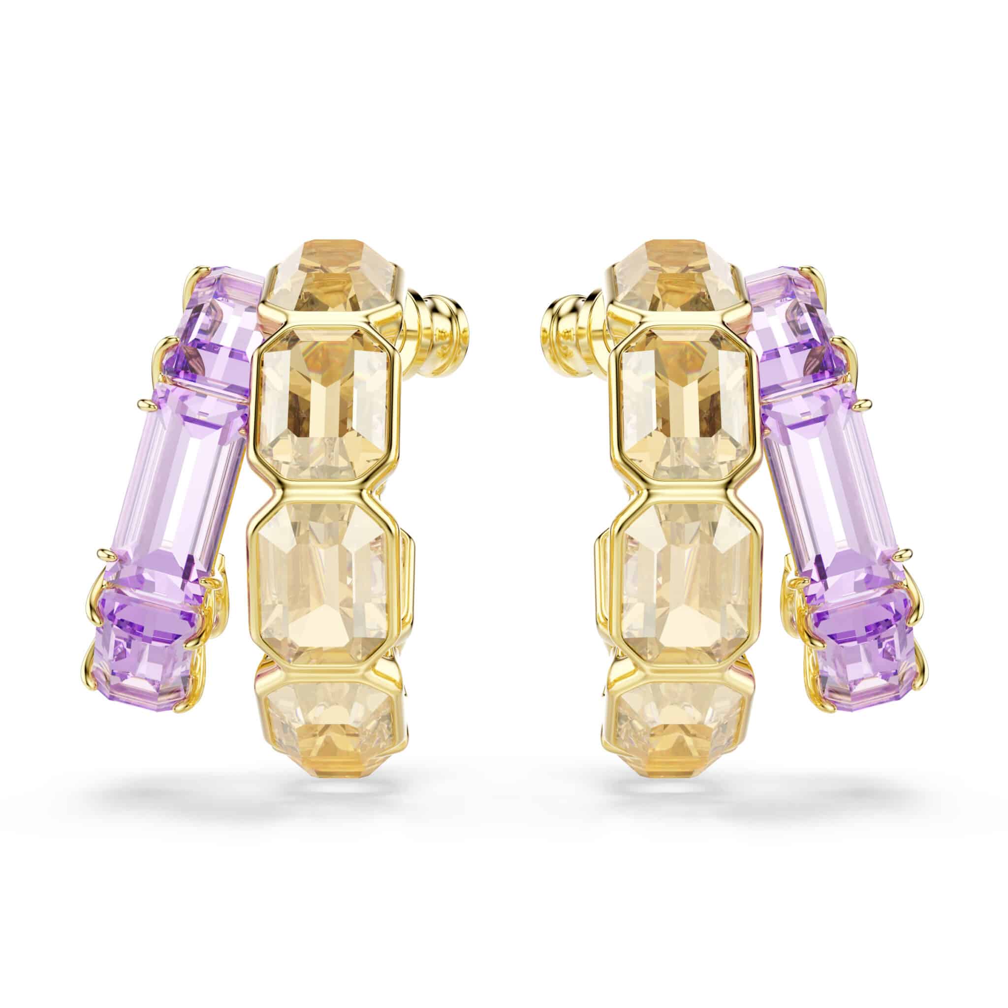 Swarovski Millenia hoop earrings with mixed cuts, multicolored stones, gold-tone plating, and elegant hoop design.