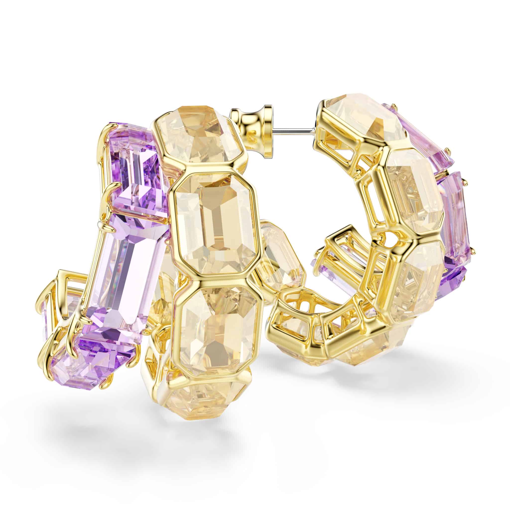 Swarovski Millenia hoop earrings with mixed cuts, multicolored gemstones, gold-tone plated jewelry, close-up of earrings on white background
