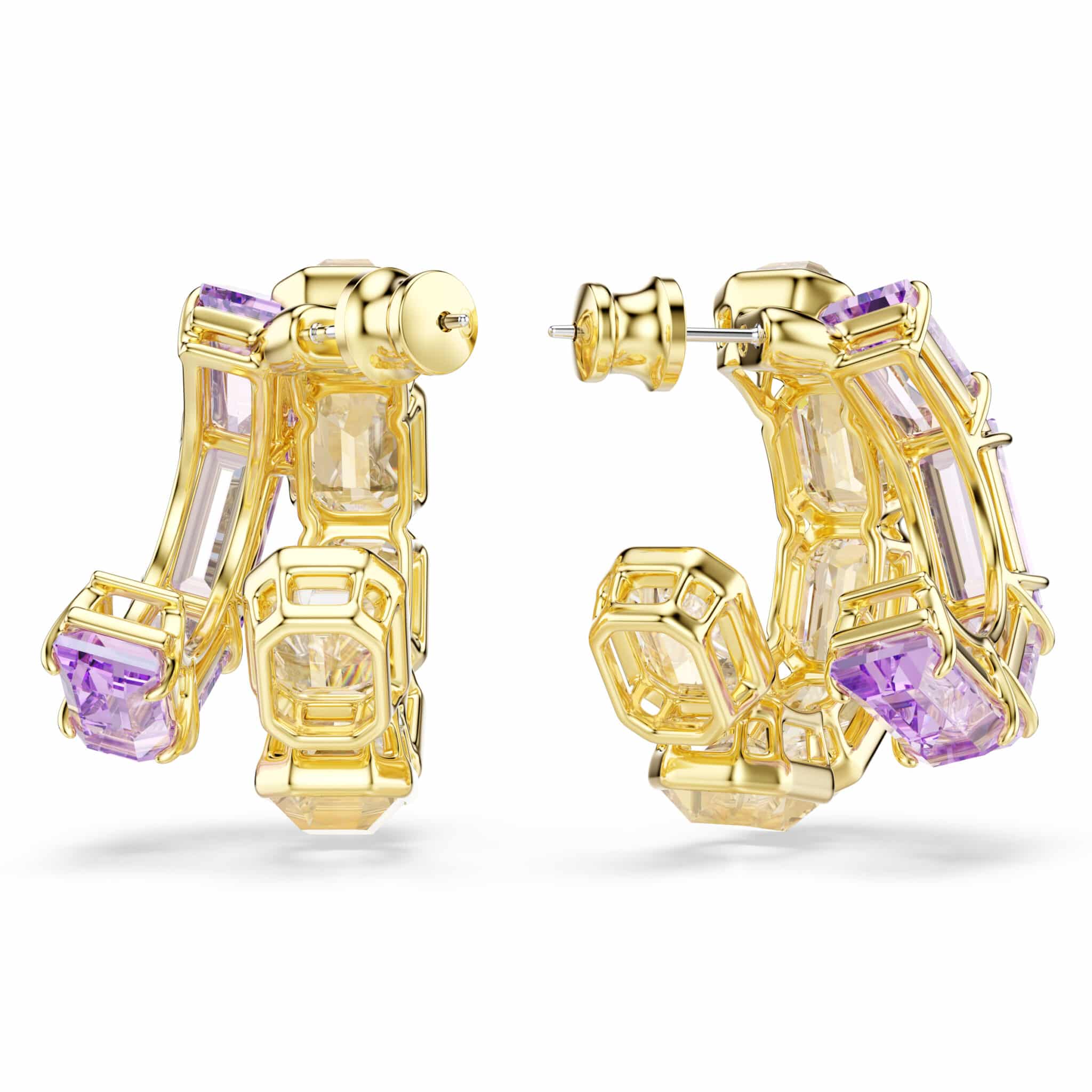 Swarovski Millenia hoop earrings with mixed cuts, multicolored stones, gold-tone plating, showcasing elegant jewelry design.