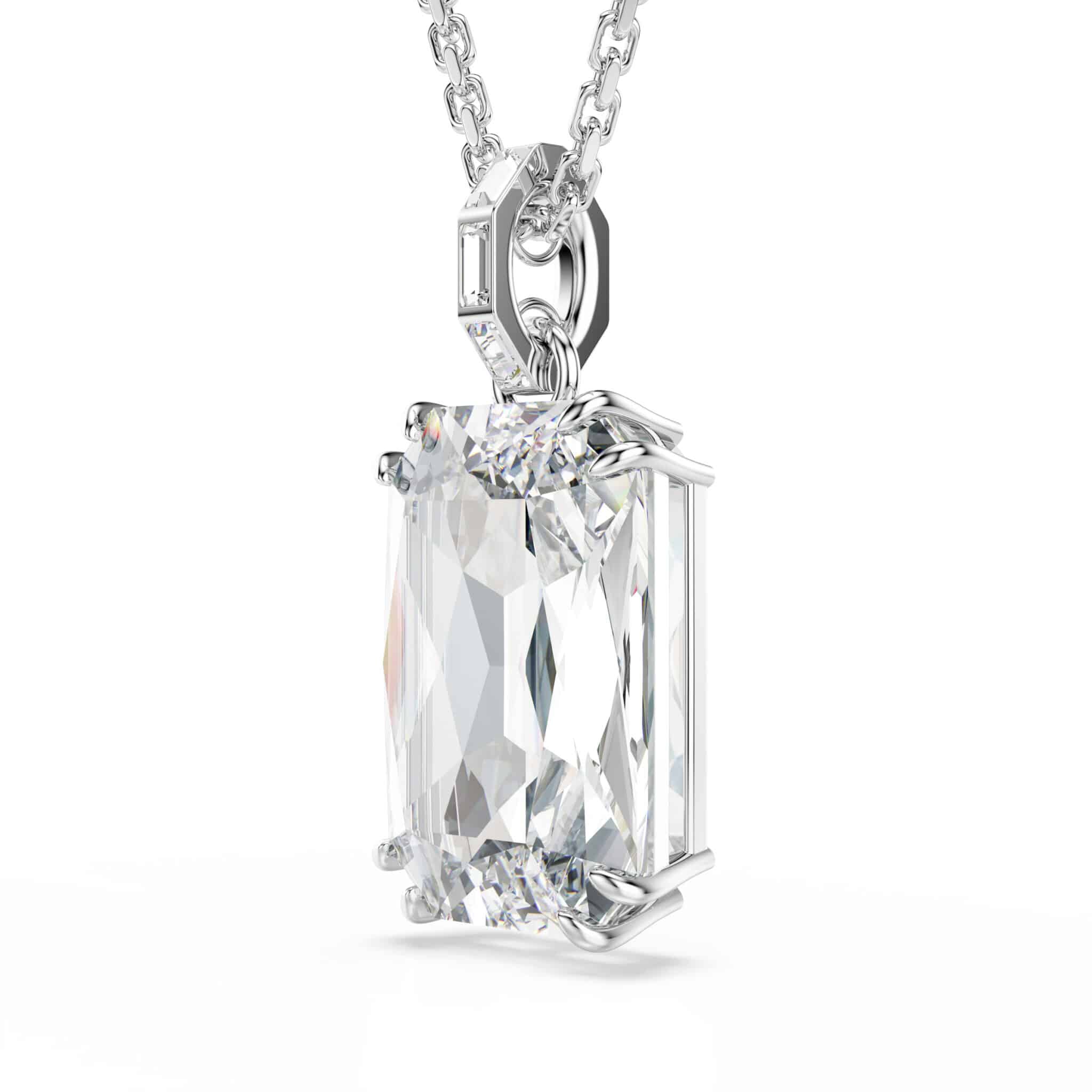 Swarovski Millenia pendant with octagon-shaped white crystal, rhodium-plated silver setting, elegant jewelry piece