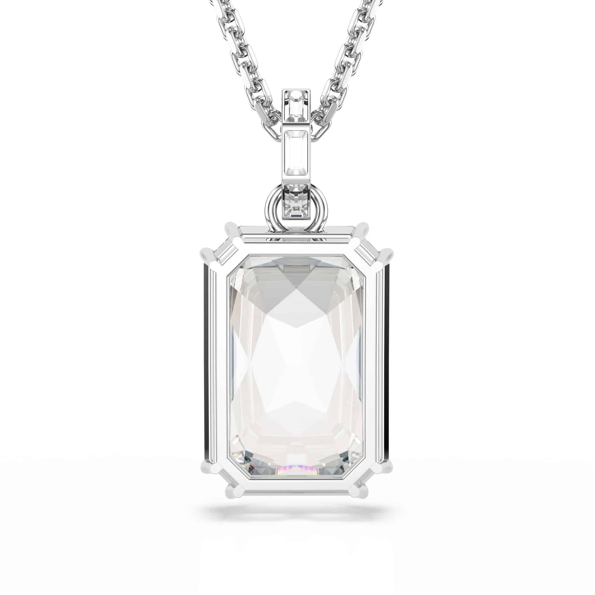 Swarovski Millenia pendant with octagon-cut white crystal, rhodium-plated jewelry piece on a sleek chain.