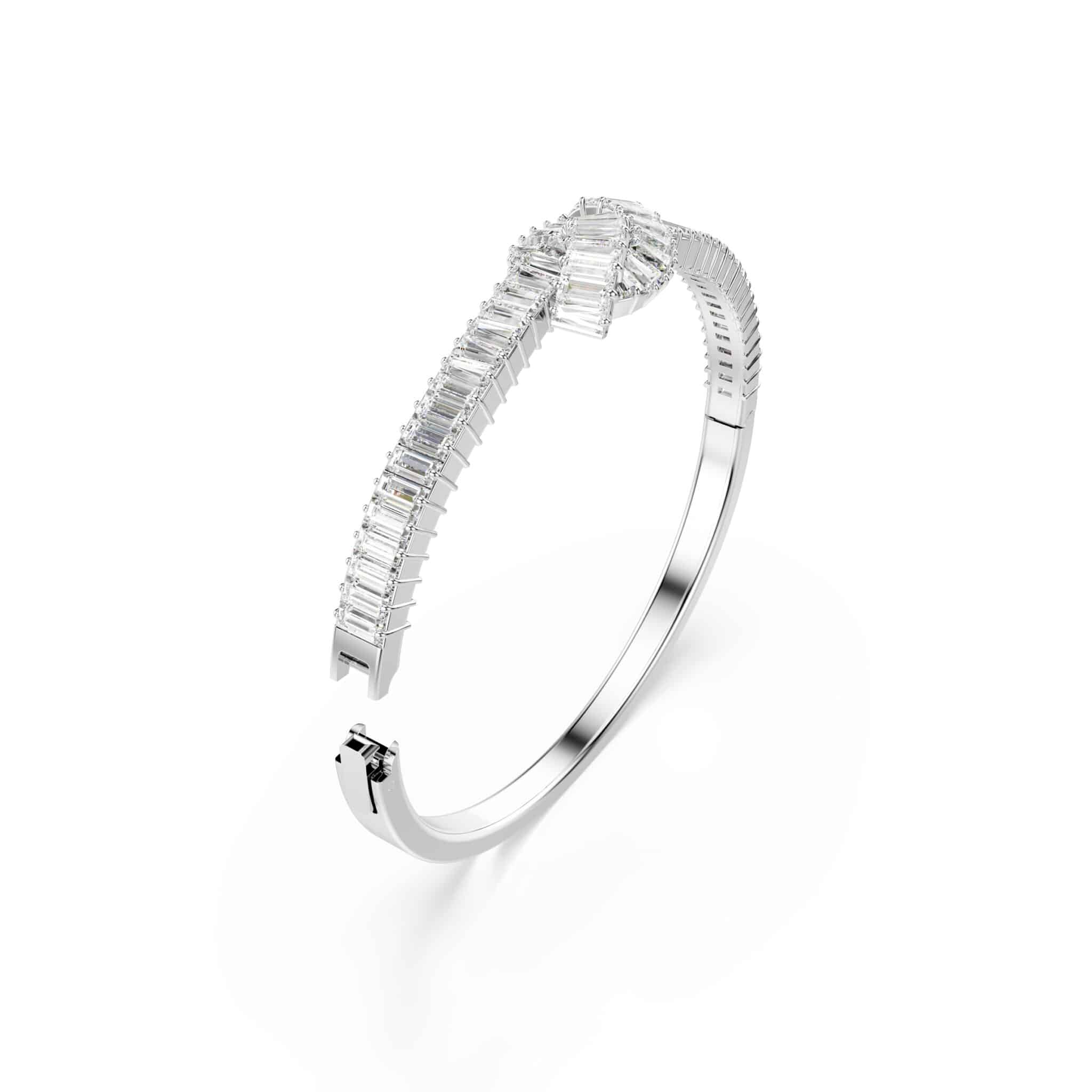 Swarovski Matrix Bangle with geometric crystal design in silver-tone metal, elegant jewelry accessory.