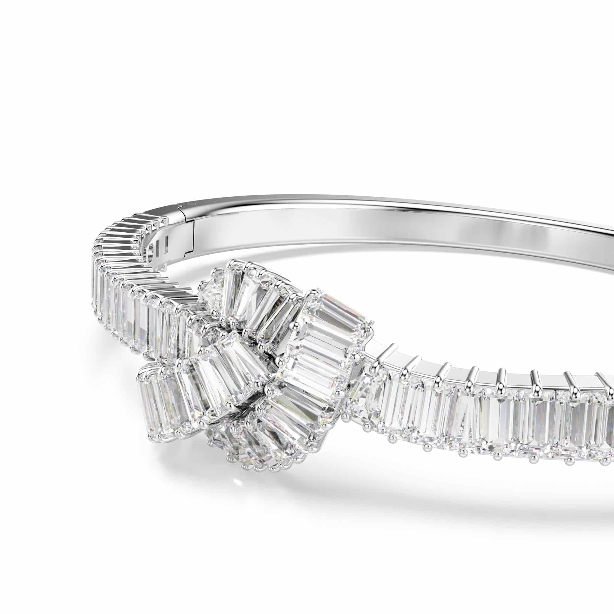 Swarovski Matrix Bangle featuring sleek silver design with sparkling crystal accents, stylish jewelry accessory.