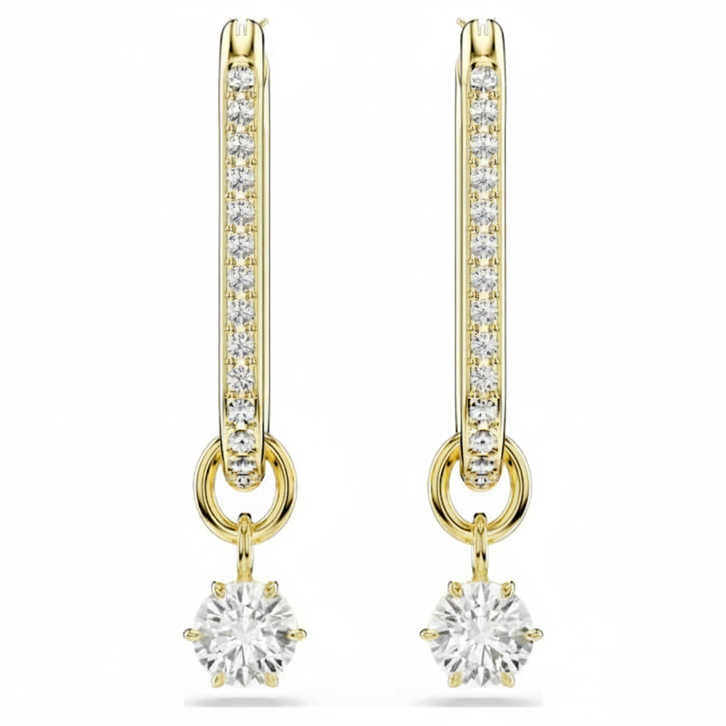 Swarovski Constella drop earrings with round white crystals and gold-tone plating, elegant jewelry accessory.