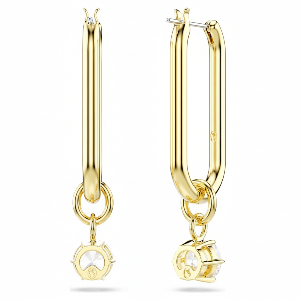 Swarovski Constella drop earrings with round white crystals and gold-tone plating, elegant jewelry accessory.