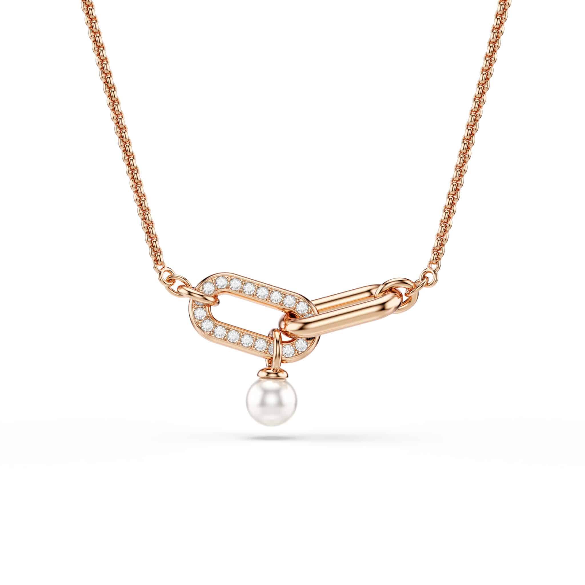 Swarovski Constella pendant with crystal pearl, round cut, white crystal, rose gold-tone plated jewelry piece.