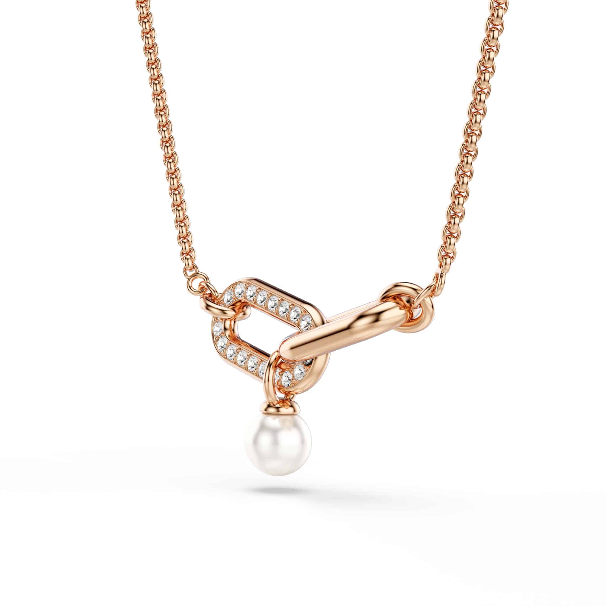 Swarovski Constella pendant with white crystal pearl, round cut, rose gold-tone plated jewelry.