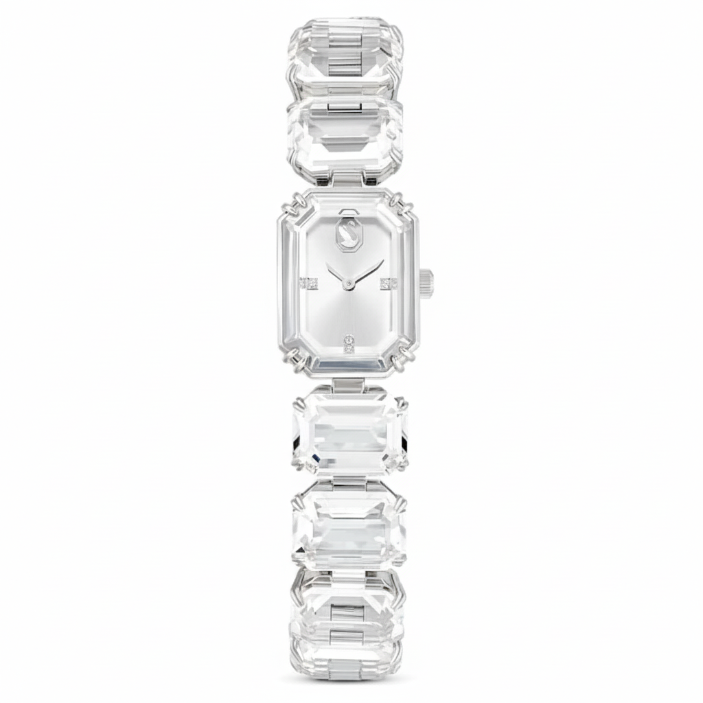 Swarovski Octagon cut stainless steel bracelet watch with white face and elegant design.
