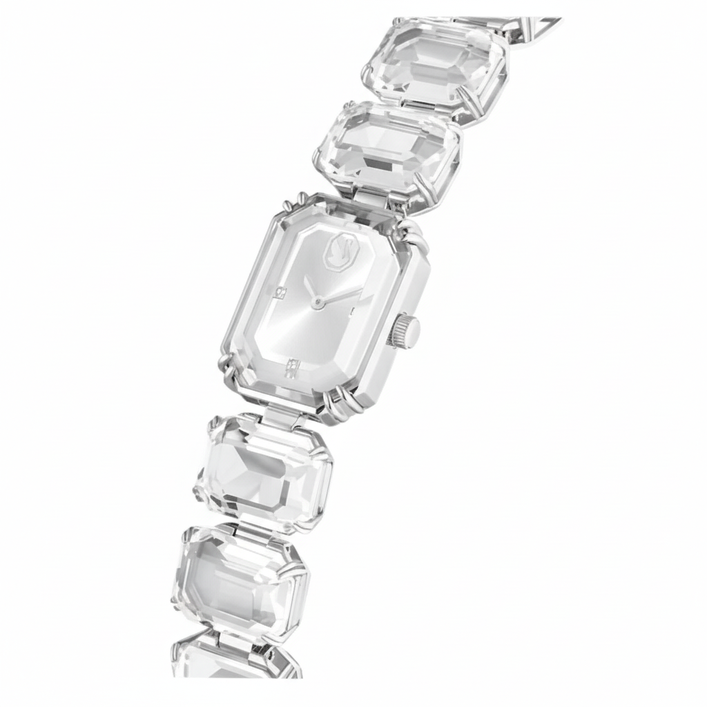 Swarovski white octagon cut bracelet watch with stainless steel band and elegant design.