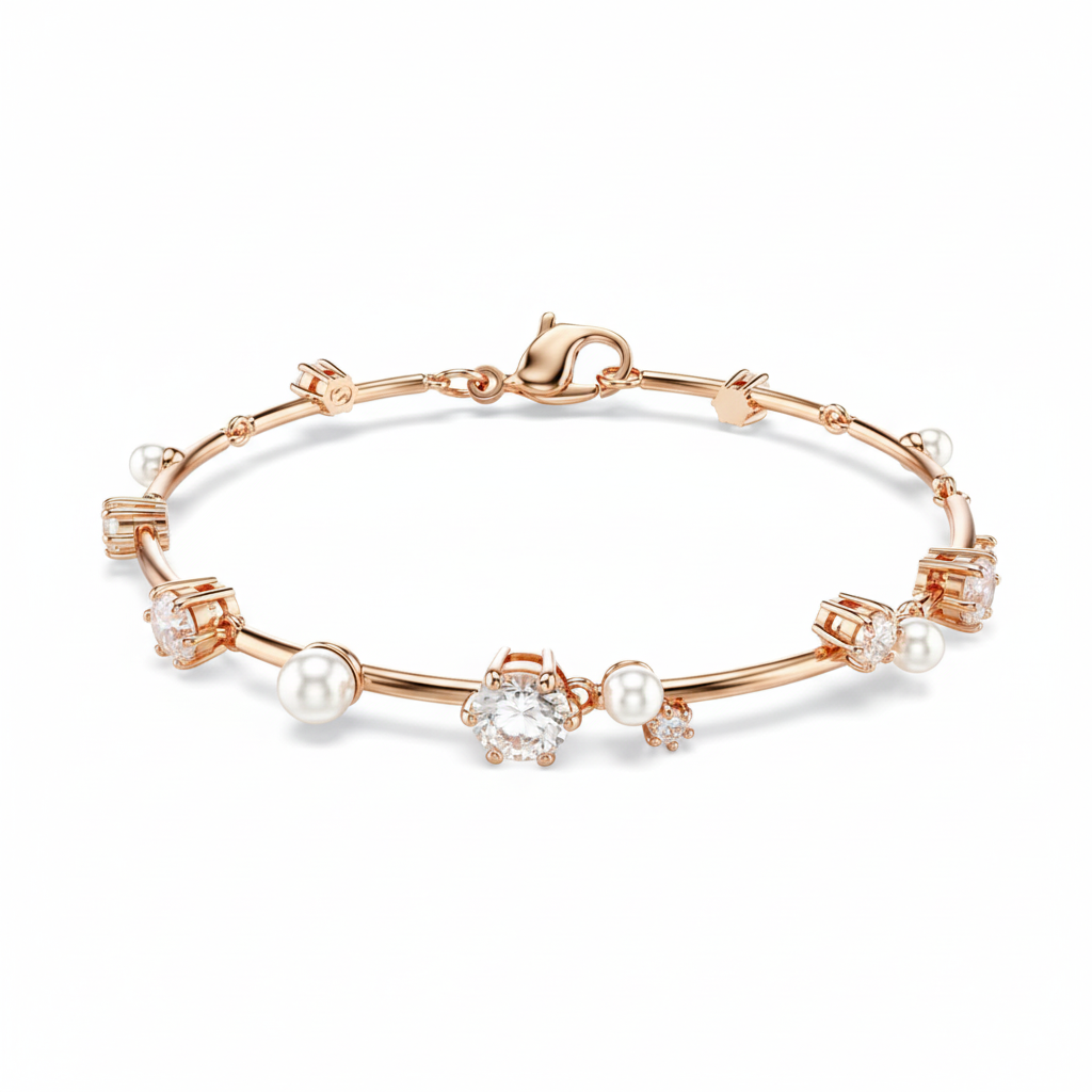 Swarovski Constella tennis bracelet with crystal pearls, round cut crystals, rose gold plating, elegant and sparkling jewelry piece