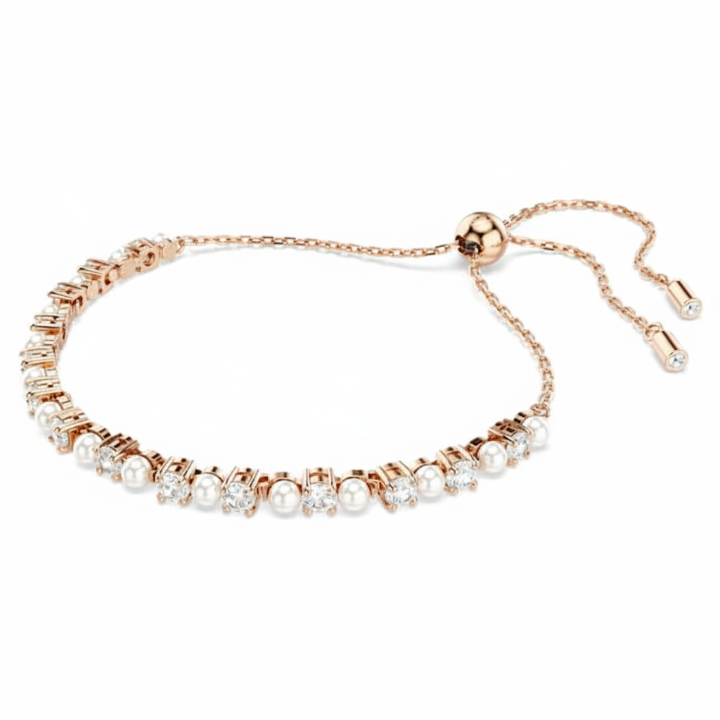 Swarovski Matrix Tennis bracelet with white crystal pearls, round cuts, rose gold-tone plating, elegant jewelry accessory