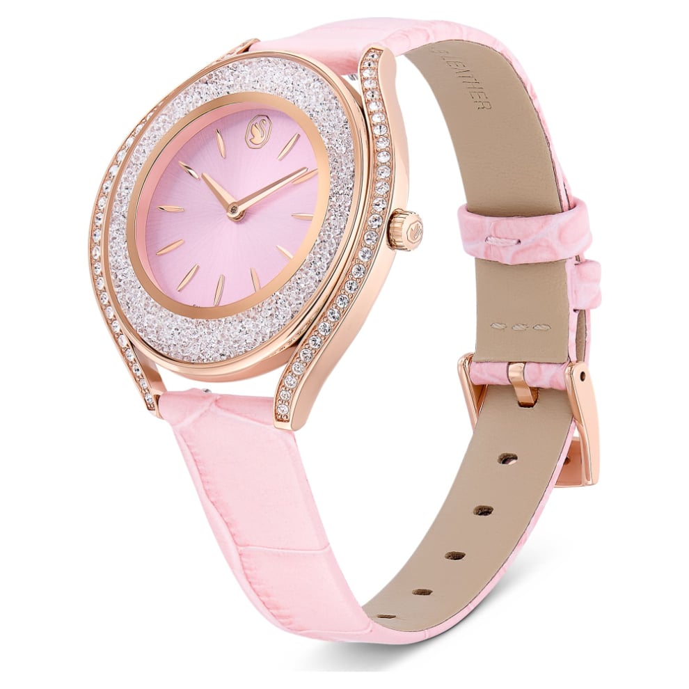 Swarovski Crystalline Aura watch with pink dial, rose gold-tone case, Swiss made, leather strap, elegant and stylish accessory.