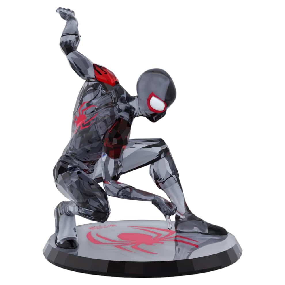 Swarovski Marvel Miles Morales figurine featuring detailed crystal craftsmanship and vibrant black and red accents.