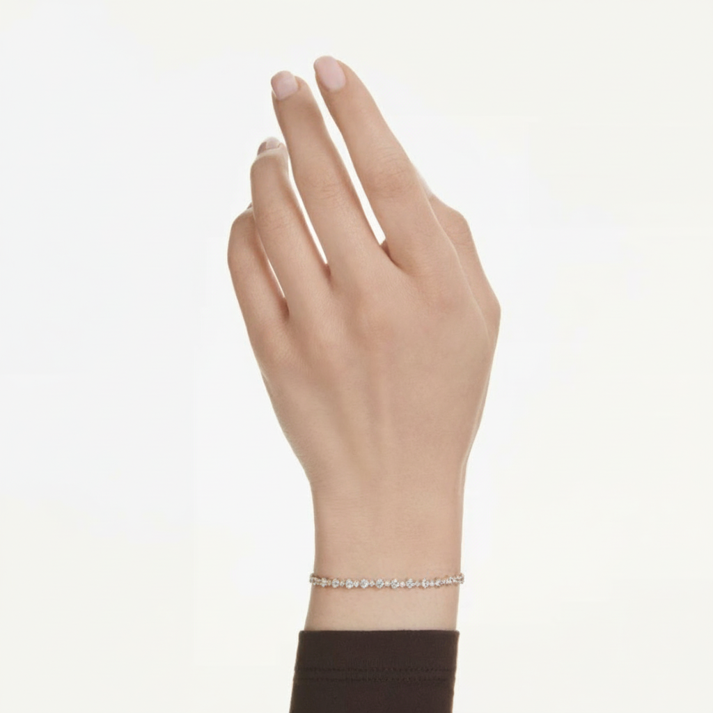 Swarovski Matrix Tennis Bracelet with sparkling crystal links on a delicate silver chain, showcasing elegant jewelry design.
