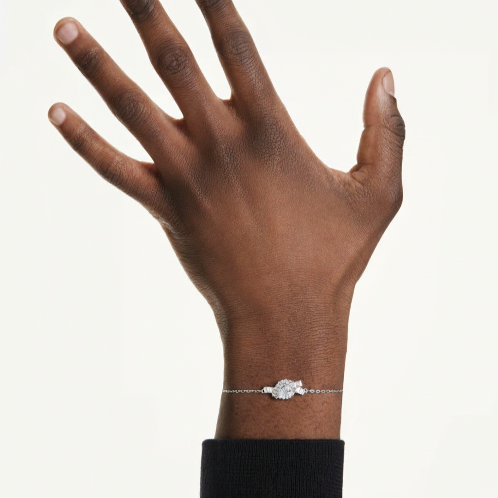 Swarovski Matrix bracelet with baguette cut crystals, knot design, white stones, rhodium plated finish, elegant jewelry accessory