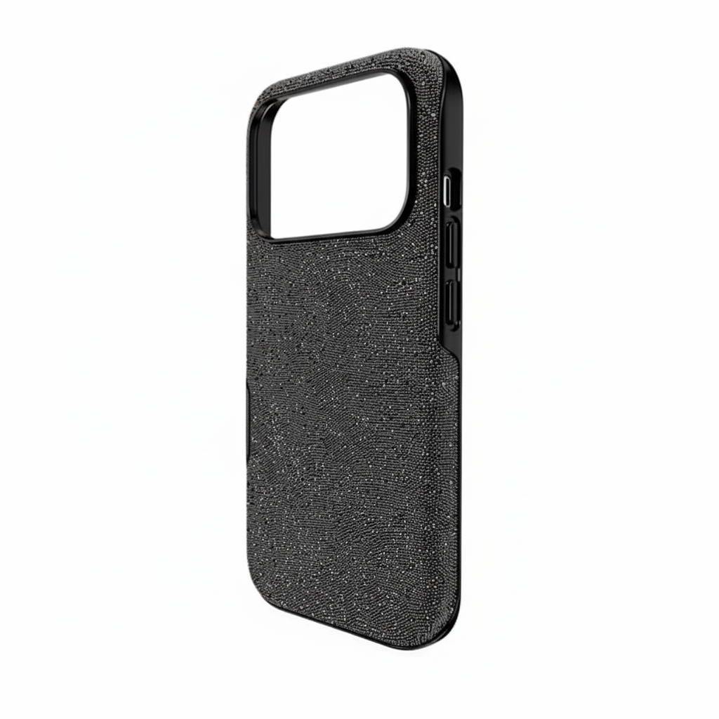 Swarovski high smartphone case for iPhone 17 Pro in black with sparkling crystal embellishments.