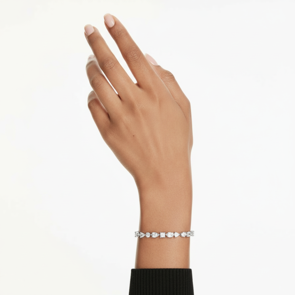 Swarovski Mesmera bracelet with mixed crystal cuts in white, rhodium plated, featuring elegant jewelry design.