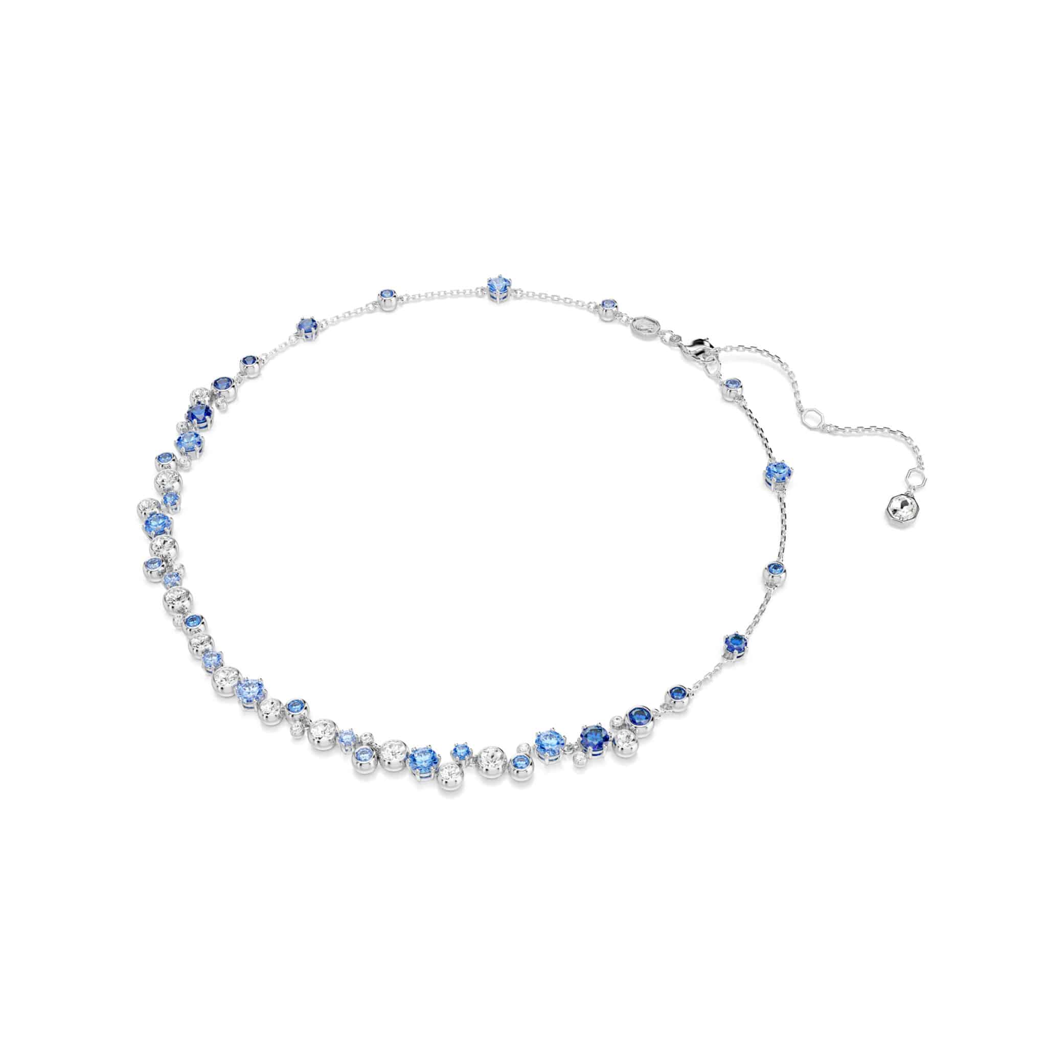 Swarovski Constella necklace with blue mixed-cut crystals and rhodium plating, featuring elegant jewelry design.