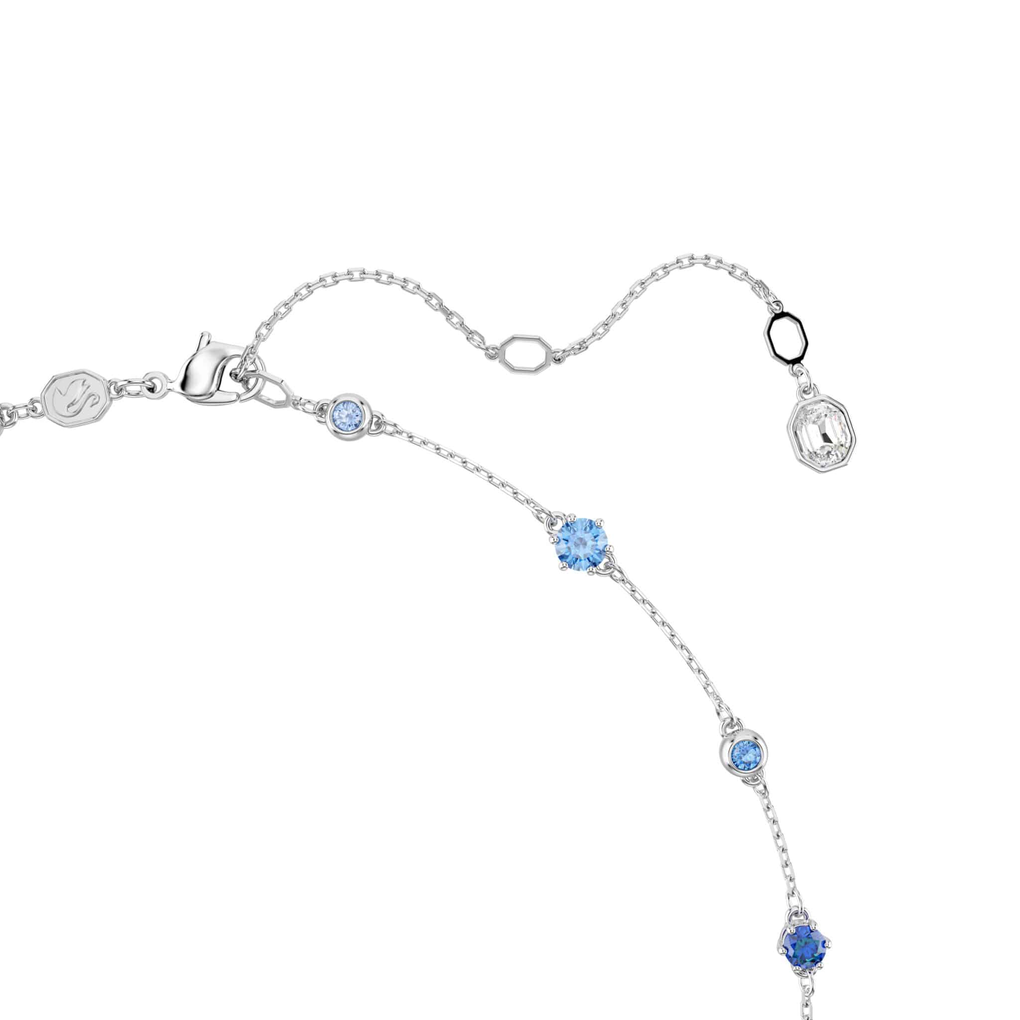 Swarovski Constella necklace with mixed cut blue crystals and rhodium plating, showcasing an elegant jewelry design.