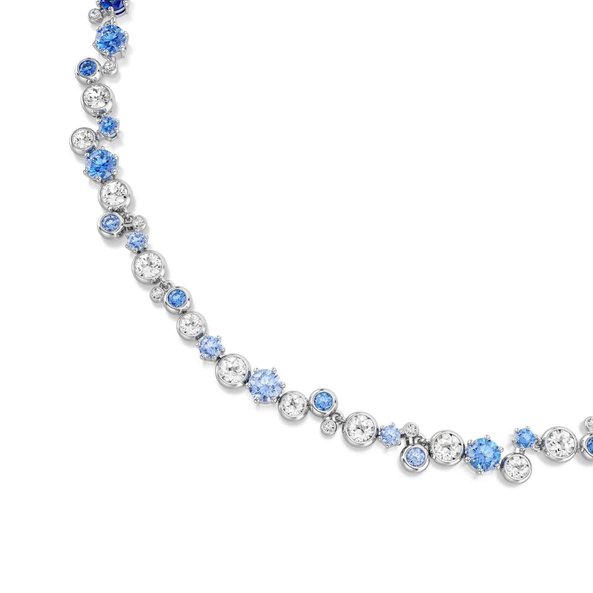 Swarovski Constella necklace with mixed-cut blue crystals on a rhodium-plated chain, elegant jewelry accessory.