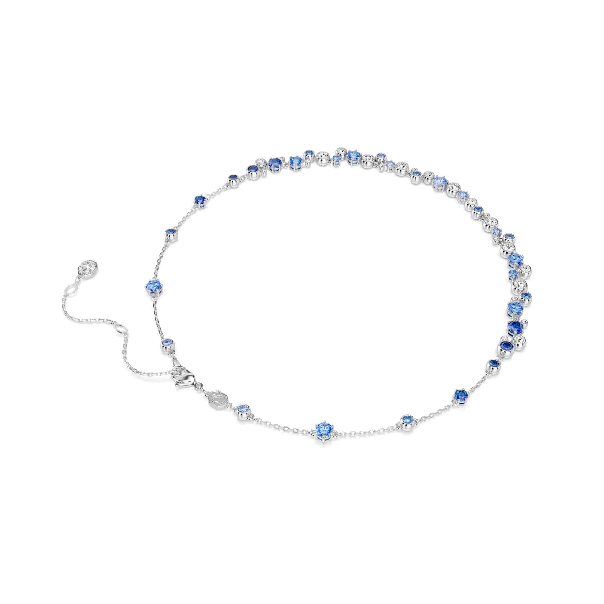 Swarovski Constella necklace with mixed cut blue crystals on rhodium-plated chain, elegant jewelry for women.