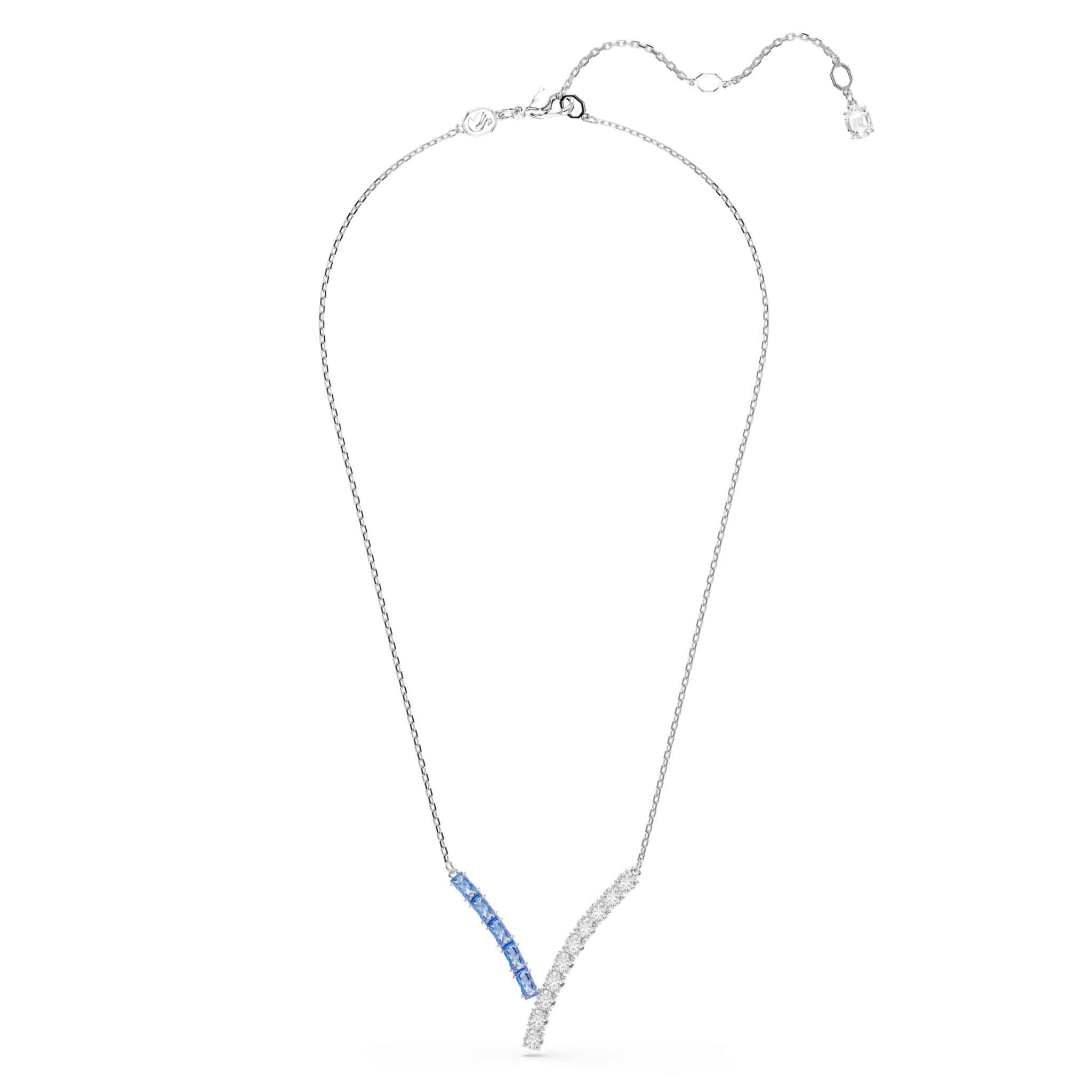 Swarovski Matrix Pendant with mixed cuts in blue crystal, rhodium-plated, showcasing intricate geometric design and sparkling facets.