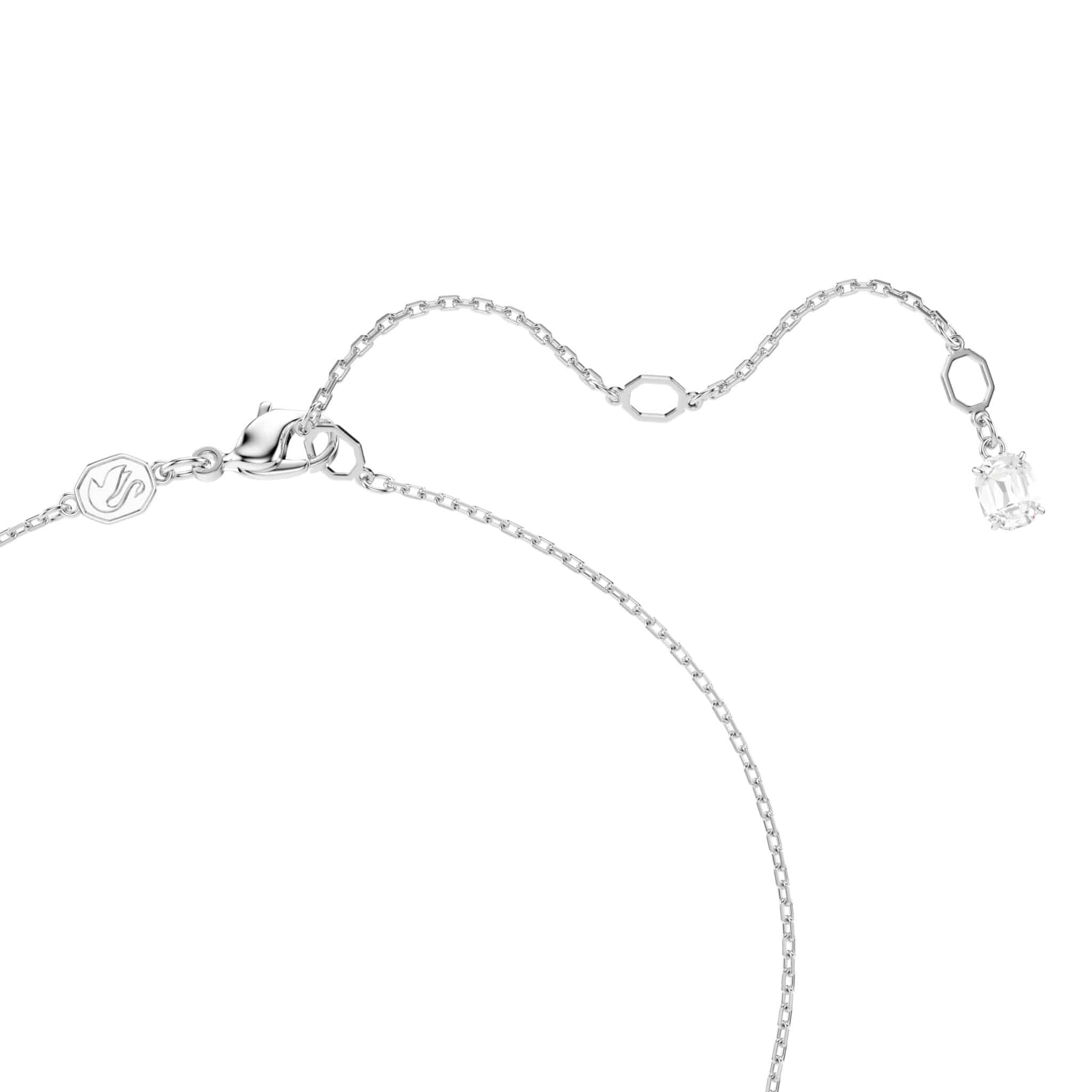 Swarovski Matrix Pendant with mixed cut blue crystals on rhodium-plated chain, showcasing sparkling geometric design.
