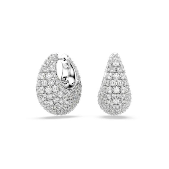 Swarovski Sublima large white earrings with rhodium plating, showcasing elegant, sparkling jewelry design.