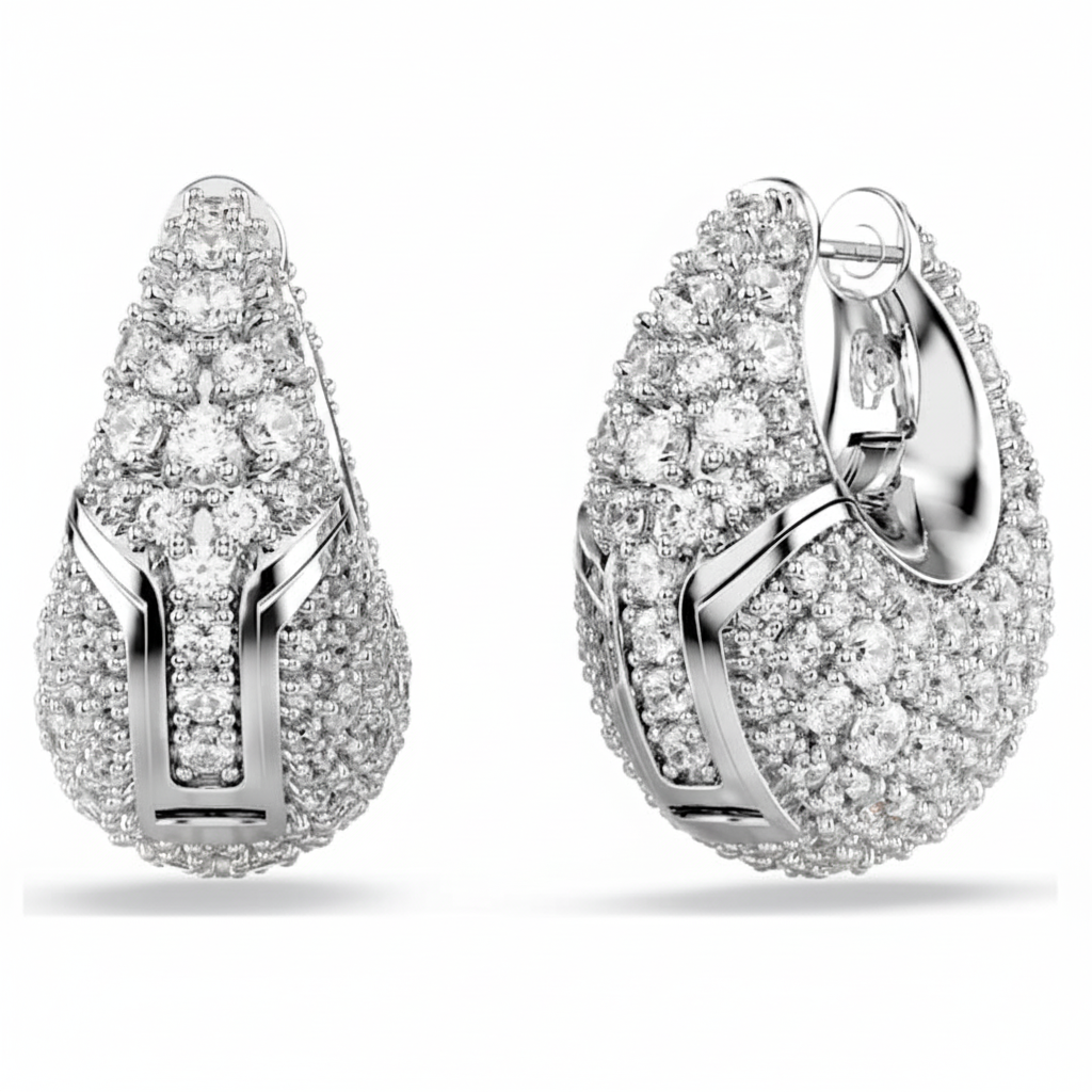 Swarovski Sublima large earrings with white crystals, rhodium-plated finish, showcasing elegant, sparkling jewelry design.