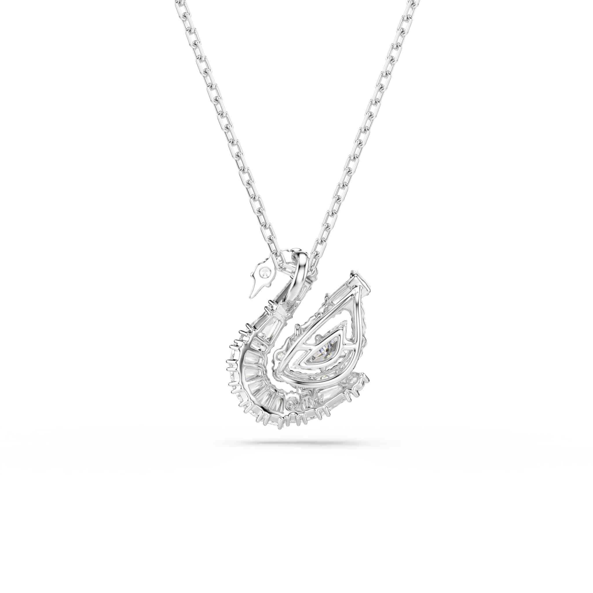 Swarovski Swan pendant with mixed cut white crystals, elegant jewelry featuring a detailed swan design.