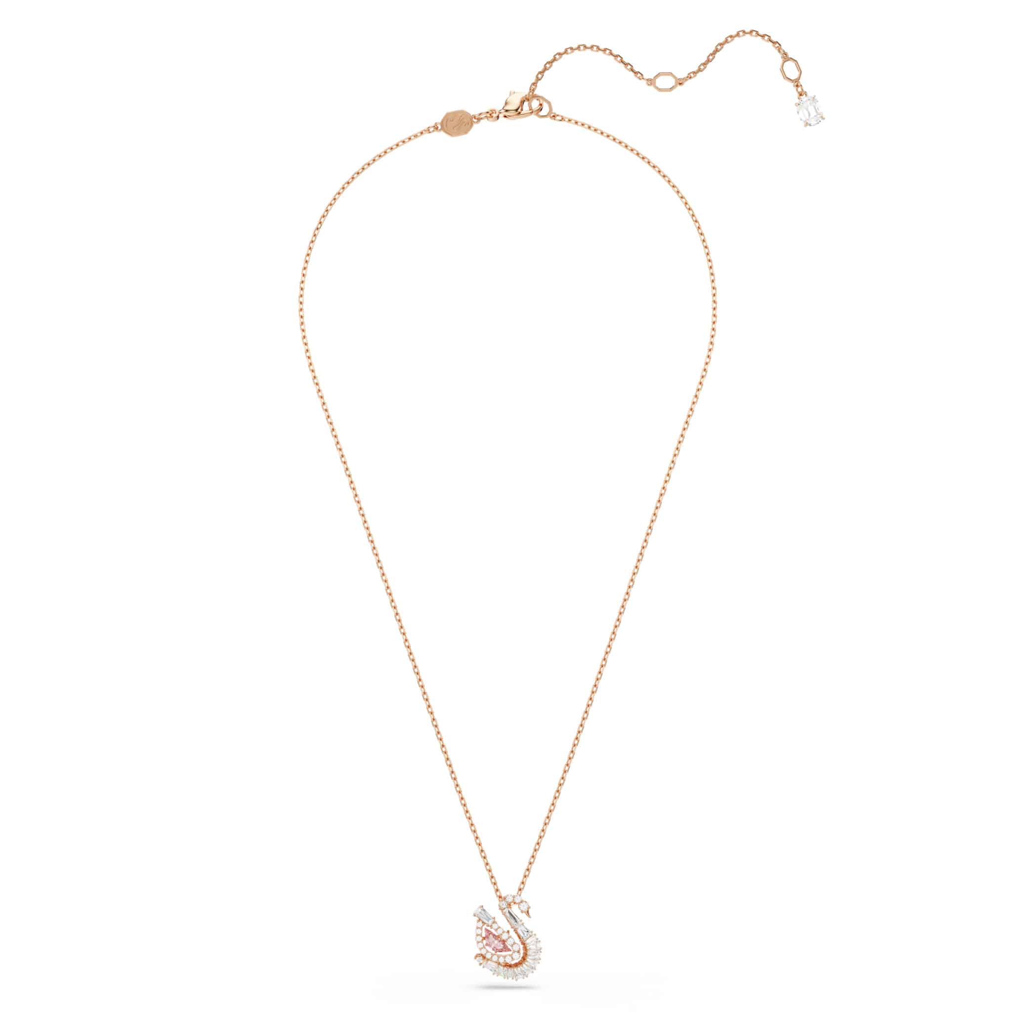 Swarovski Swan Pendant in pink with mixed crystal cuts, showcasing a detailed swan design on a delicate chain.