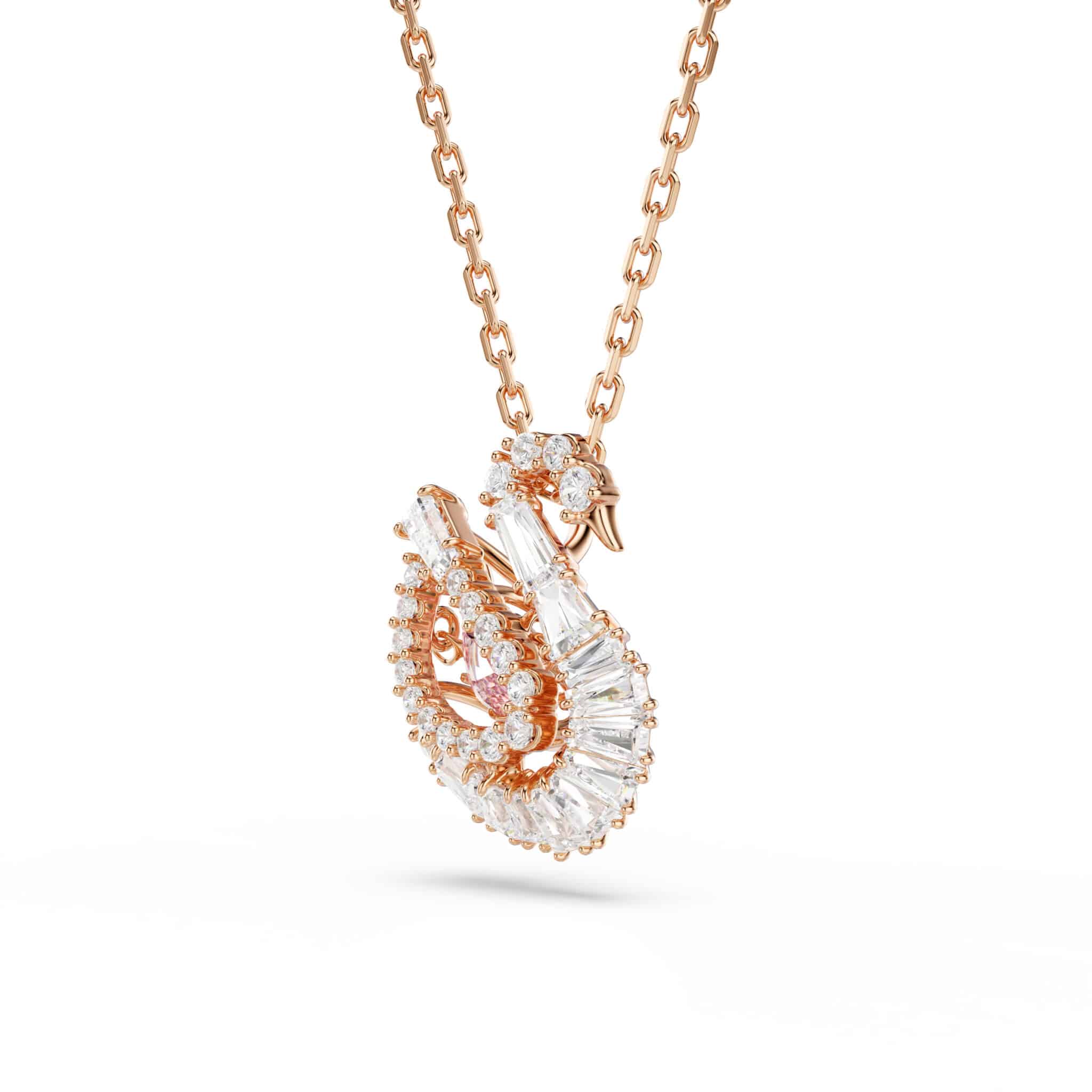Swarovski Swan Pendant in pink with mixed cut crystals, elegant jewelry featuring a detailed swan design.