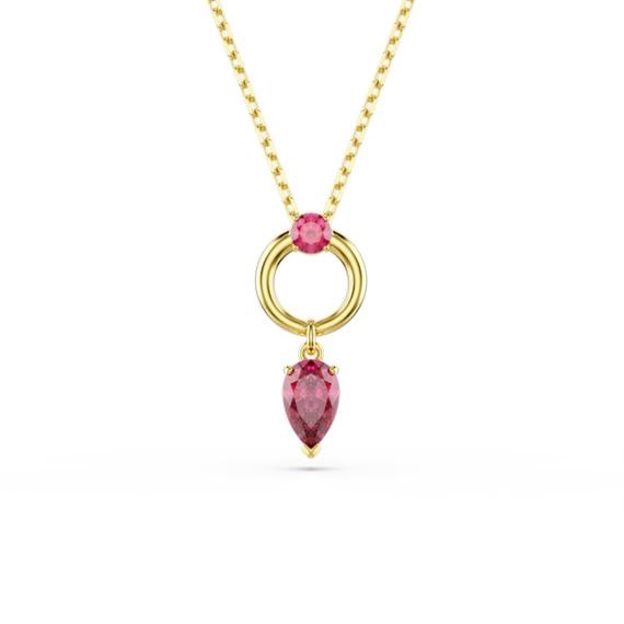 Swarovski Mesmera pendant with mixed red crystal cuts, gold-tone plated chain, elegant jewelry accessory.