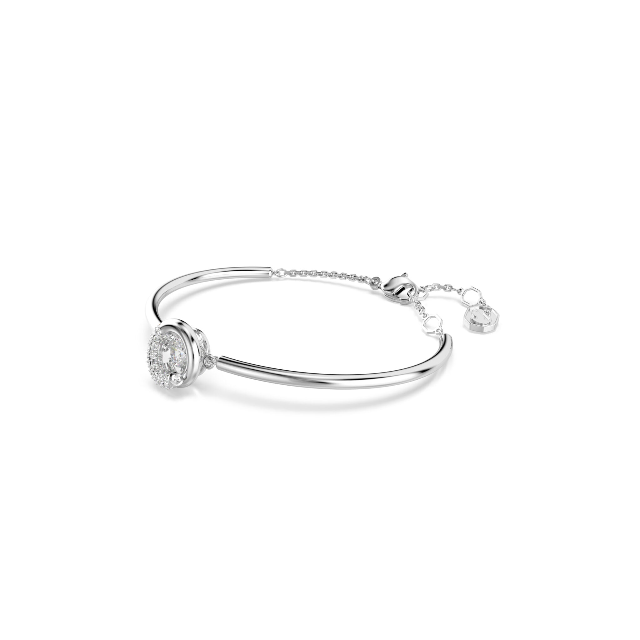 Swarovski Dextera Bangle featuring sparkling crystal accents and a sleek silver-tone design on a white background.