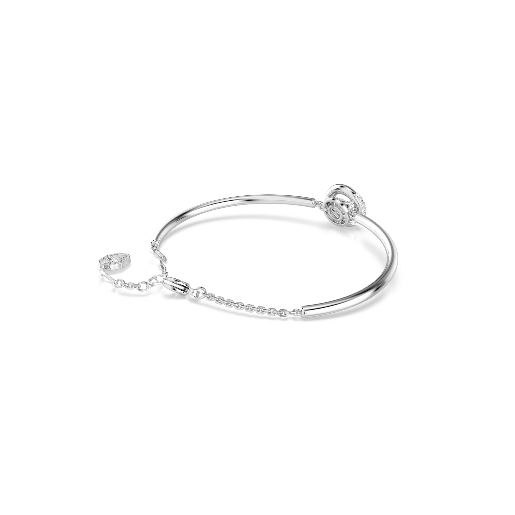 Swarovski Dextera Bangle featuring sparkling crystal accents and sleek silver-tone design on a white background.