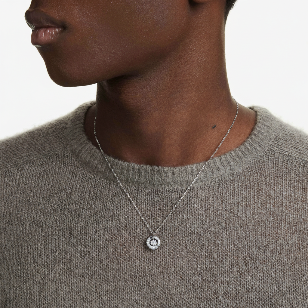 Swarovski Dextera pendant with round cut white crystal, rhodium plated, featuring a sleek, elegant design.