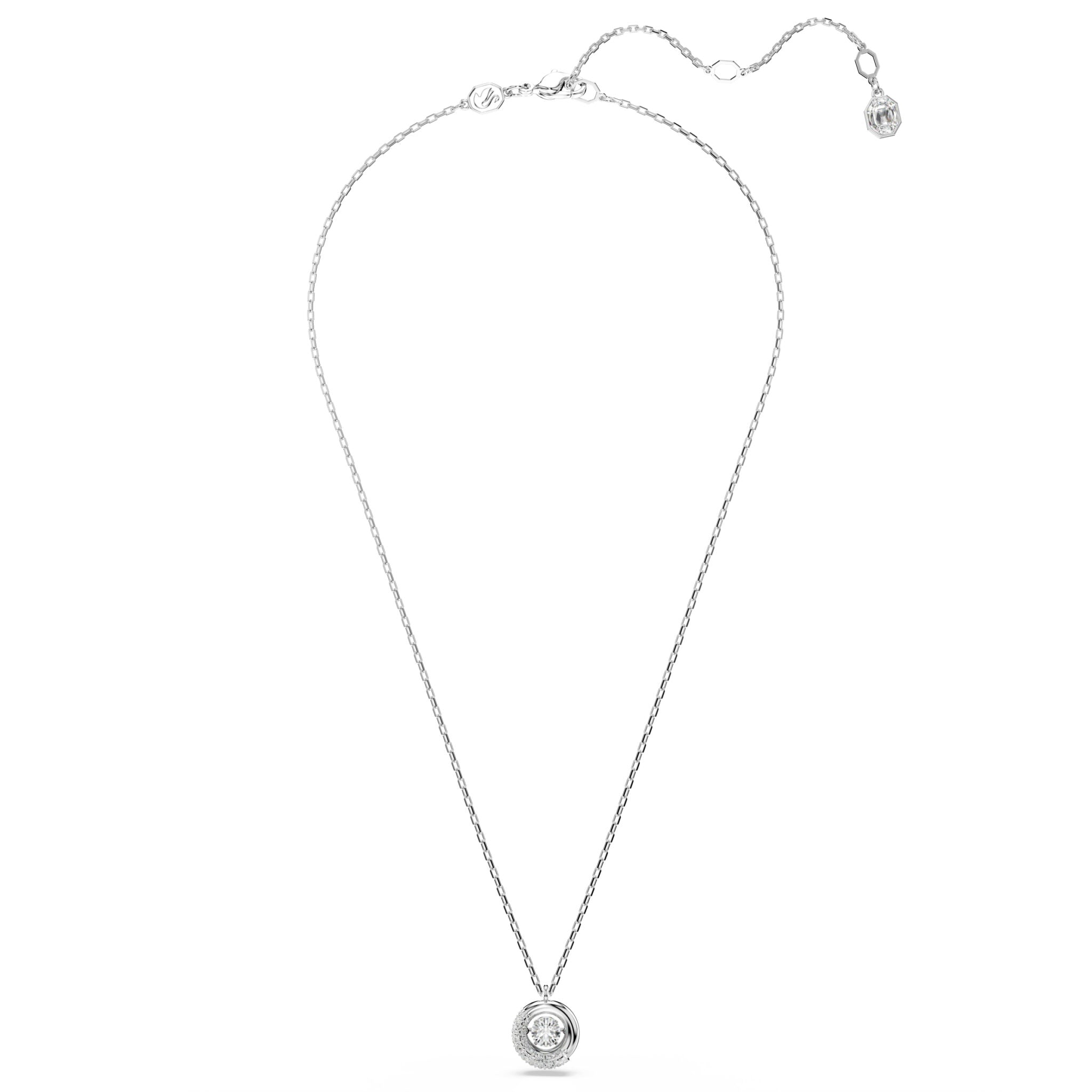 Swarovski Dextera pendant with round white crystal, rhodium plated setting, showcasing elegant jewelry design.