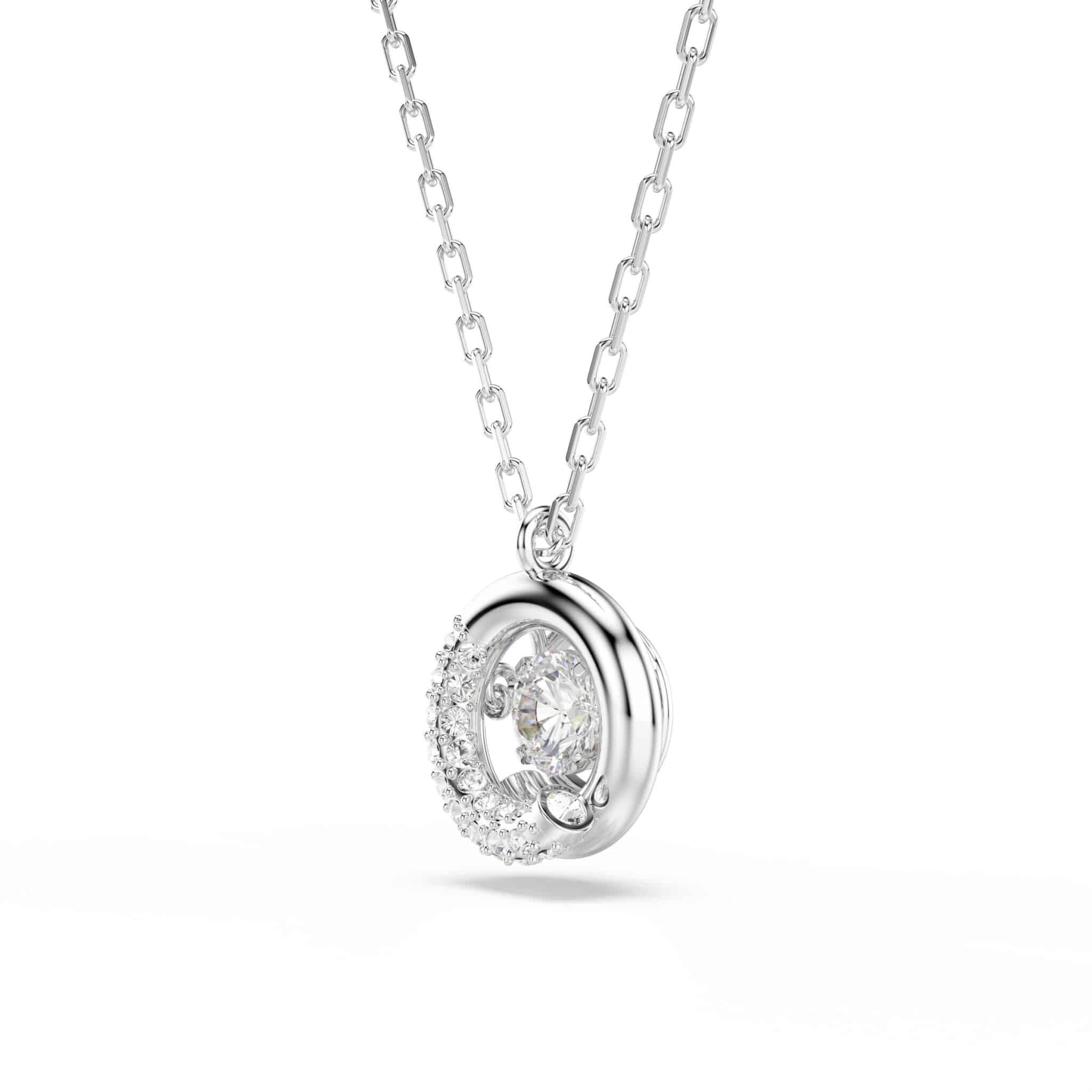 Swarovski Dextera pendant with round white crystal, rhodium plated silver, showcasing elegant jewelry design.