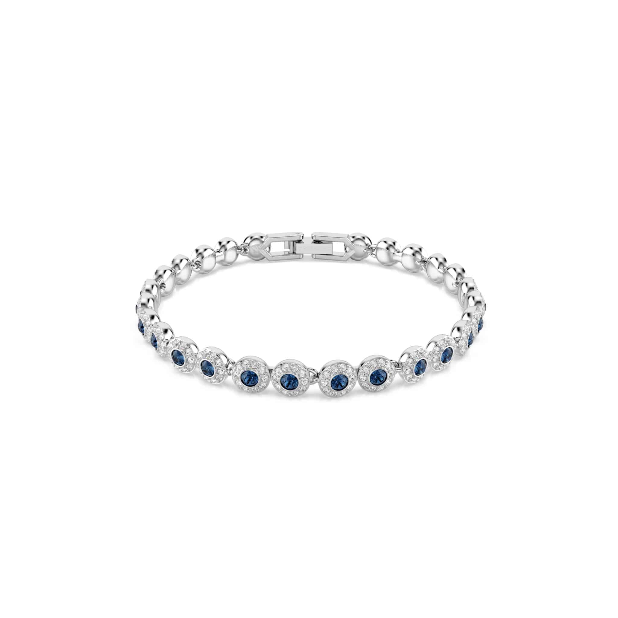Swarovski Una Angelic Tennis Bracelet featuring sparkling clear crystals and a delicate silver chain on a white background.