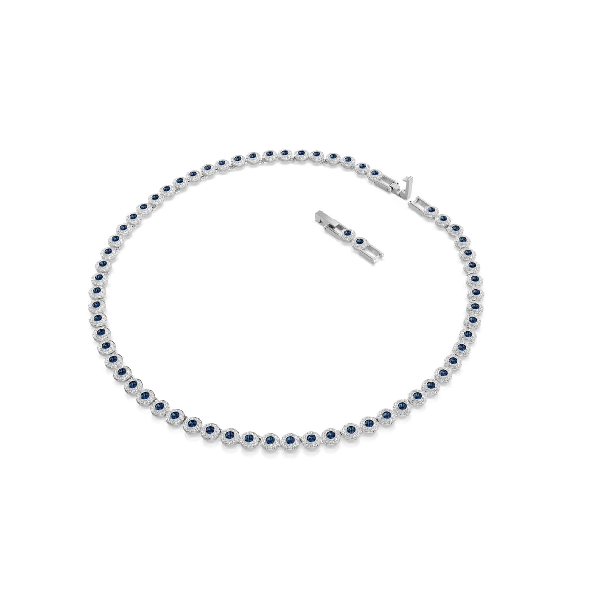 Swarovski Una Angelic tennis necklace with round-cut blue crystals and rhodium plating, elegant jewelry for special occasions.